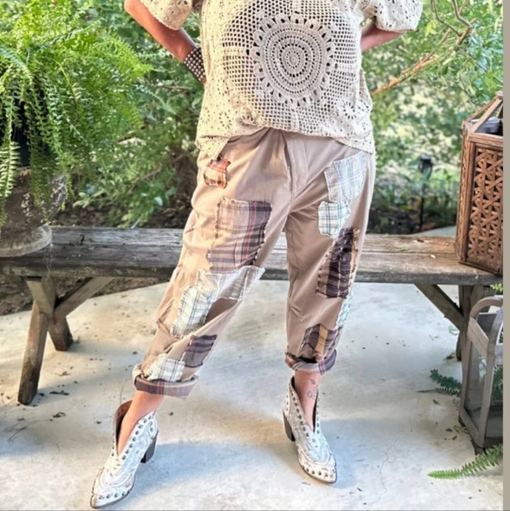 Jaded Gypsy Traveling On Pants Khaki with Plaid Patches L/XL Button Fly